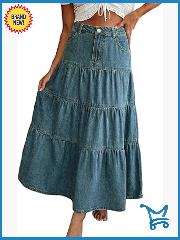 Mid High Waisted A-Line Denim Maxi Skirt With Pockets
